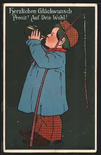 Künstler-AK Kleiner Angler trinkt aus einer Flasche