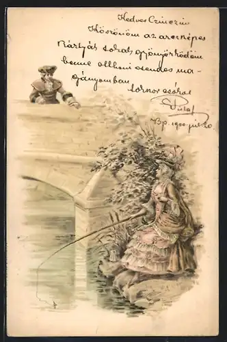 Künstler-AK Dame beim Angeln