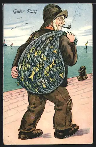 Künstler-AK Fischer mit vollem Netz