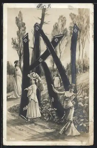 Künstler-AK Damen spazieren um die Buchstaben K und N