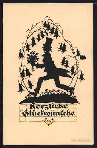 Künstler-AK Georg Plischke: Gratulant mit Blumenstrauss