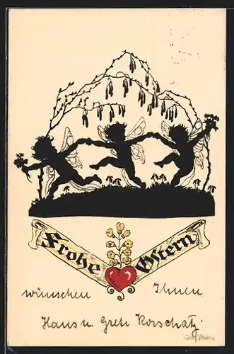 Künstler-AK Georg Plischke: Tanzende Putti, Weidenkätzchen, Frohe Ostern, Scherenschnitt