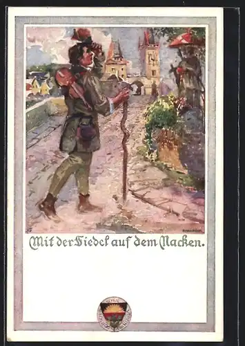 Künstler-AK Deutscher Schulverein NR: 444, Mit der Fiedel auf dem Nacken, Wanderer mit Gitarre