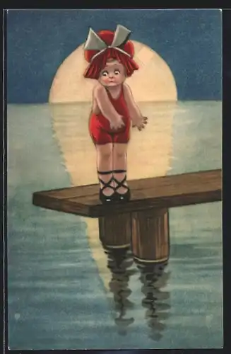AK Kleines Mädchen springt bei Mondesschein in das Meer