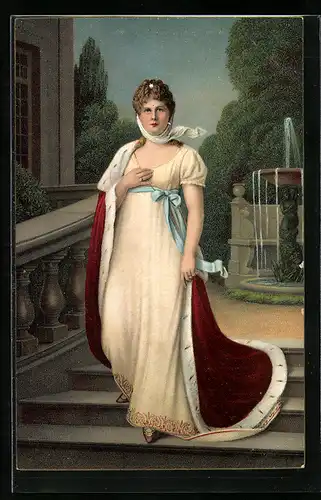 Künstler-AK Karl Lotzmann: Königin Luise von Preussen, Portrait im Hermelinmantel auf der Treppe vor dem Schloss