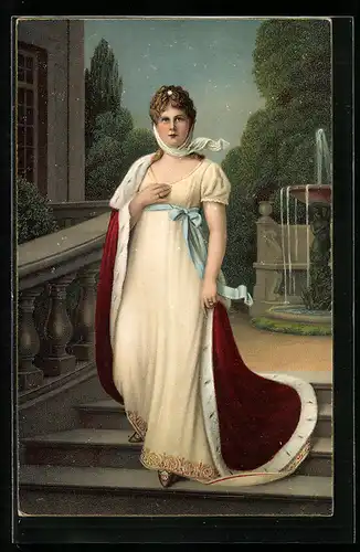 Künstler-AK Karl Lotzmann: Königin Luise von Preussen, Portrait im Hermelinmantel auf der Treppe vor dem Schloss