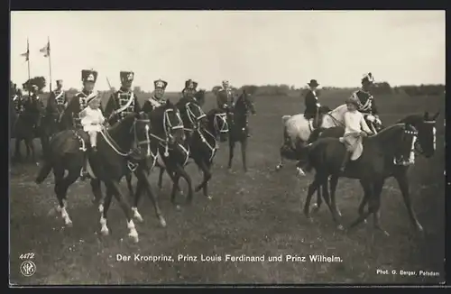 AK Prinz Wilhelm von Preussen, Ausritt mit Prinz Louis Ferdinand und Soldaten in Uniform