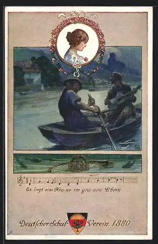 Künstler-AK Karl Friedrich Gsur: Deutscher Schulverein NR: 91, Mann auf Ruderboot, es liegt eine Krone im grünen Rhein
