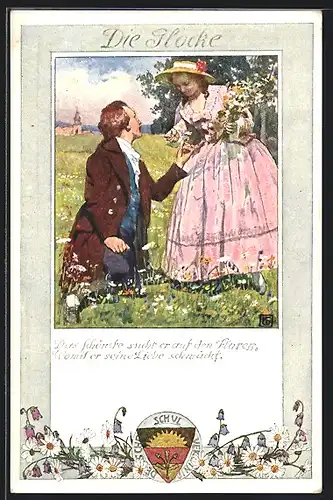 Künstler-AK Karl Friedrich Gsur: Deutscher Schulverein NR.193: Mann und Frau beim Blumenpflücken auf einer Wiese