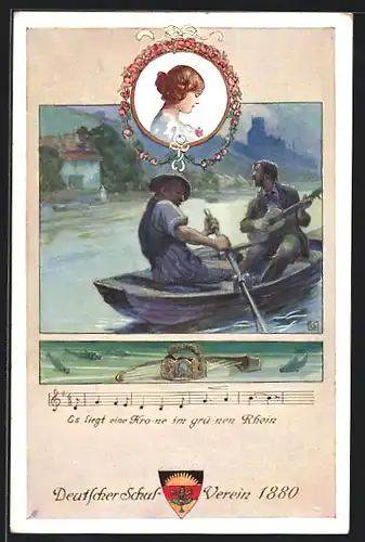 Künstler-AK Karl Friedrich Gsur: Deutscher Schulverein NR: 91, Mann auf Ruderboot, es liegt eine Krone im grünen Rhein