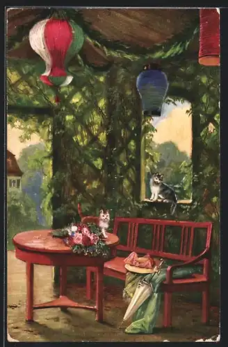 Künstler-AK Theo Stroefer Serie Nr. 737: Katzen in einer Laube