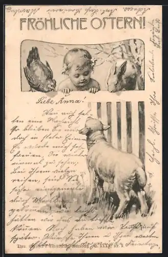 Künstler-AK Th.Zasche: Kind sieht ein Lamm, Hase und Huhn, Osten