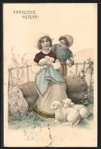 Künstler-AK Theo Stroefer Nr. 562: zwei Kinder mit Lämmern und Hasen, Weidenkätzchen, Ostern