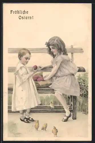 Künstler-AK Theo Stroefer Serie 563, Nr. 3: Zwei kleine Mädchen mit Ostereiern