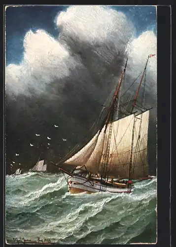 Künstler-AK Ein Segelschiff fährt einem Sturm davon