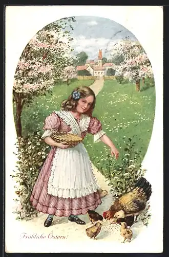 AK Fröhliche Ostern!, Mädchen füttert Huhn und Küken