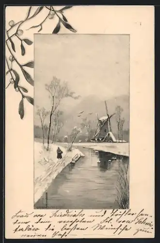 Künstler-AK Theo Stroefer Serie 270, Nr. 8: Kanalpartie mit Windmühle im Winter