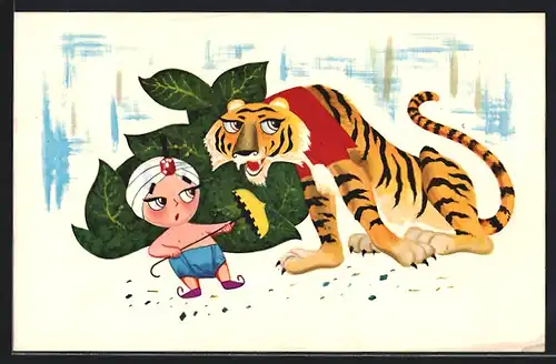 Künstler-AK Sambo meets a tiger in the jungle..., Sambo`s Pancakes Restaurant, Reklame