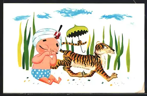 Künstler-AK Sambo gives green umbrella to tiger, Sambo`s Pancakes Restaurant, Reklame