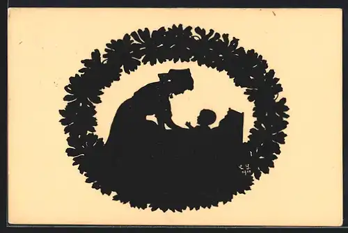 AK Chemnitz, Margeritentag 1911, Scherenschnitt Mutter mit Baby an der Wiege