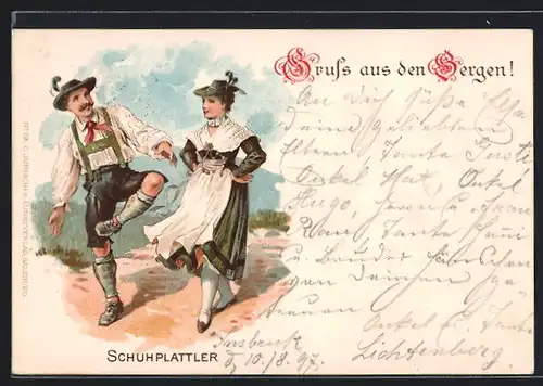 Lithographie Pärchen in Trachten tanzen den Schuhplattler