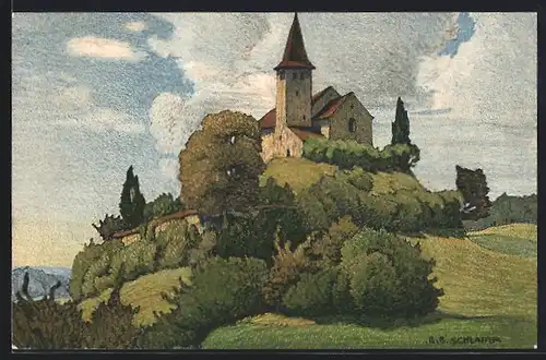 Künstler-AK Ernst E. Schlatter: Büsingen, Alte Kirche auf einer Anhöhe