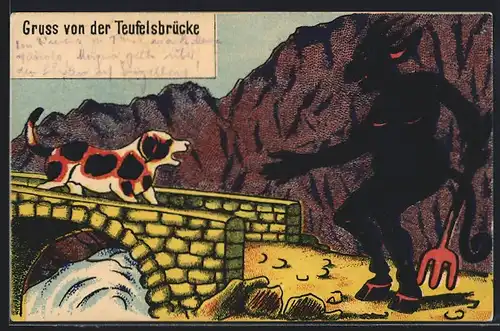 Künstler-AK Hund und Teufel an der Teufelsbrücke