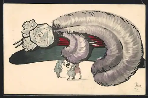 Künstler-AK Pärchen und Herr mit Zylinder unter riesigem Hut
