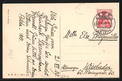 Künstler-AK Pärchen und Herr mit Zylinder unter riesigem Hut