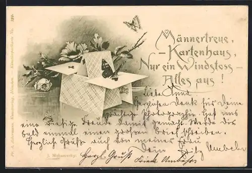 Künstler-AK Männertreue, Kartenhaus, Nur ein Windstoss, Alles aus!, Kartenhaus und Schmetterlinge