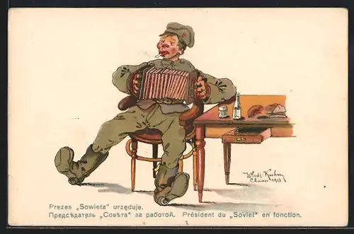 Künstler-AK Sowjetischer Soldat mit Ziehharmonika