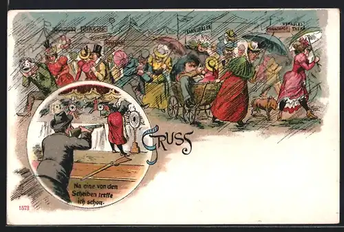 Lithographie Volksfest im Regen, Scheibenschiessen