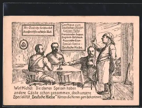 Künstler-AK Zar Nikolaus II. bekommt vom Kellner deutsche Hiebe angeboten