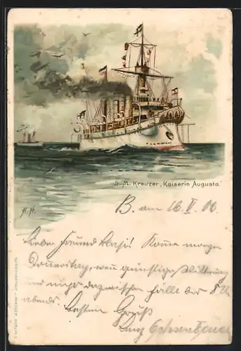 Künstler-Lithographie A. Heide: SM Kreuzer Kaiserin Augusta