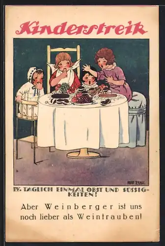Künstler-AK Anny Tekauz: Kinderstreik, Kinder sitzen am Tisch und essen Obst und Süssigkeiten, Arbeiterbewegung