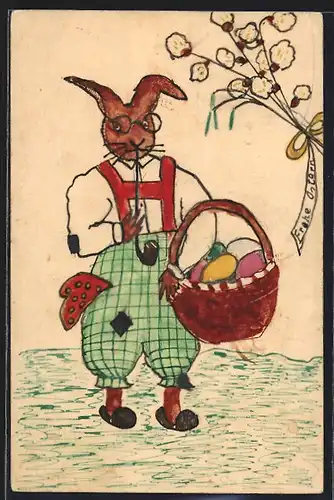 Künstler-AK Handgemalt: Osterhase mit Pfeife und Eierkorb