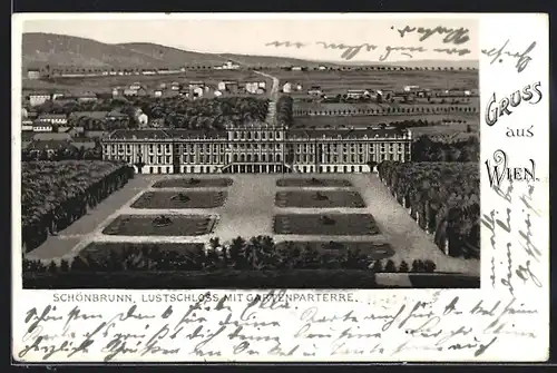 Lithographie Wien-Schönbrunn, Lustschloss mit Gartenparterre