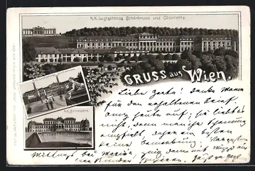 Vorläufer-Lithographie Wien, 1895, K. K. Lustschloss Schönbrunn und Gloriette, K. K. Belvedere