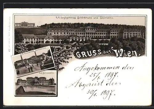 Lithographie Wien, K. K. Lustschloss Schönbrunn und Gloriette, K. K. Belvedere