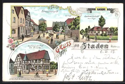 Lithographie Staden i. Wetterau, Gasthaus zur Post, Strassenansicht