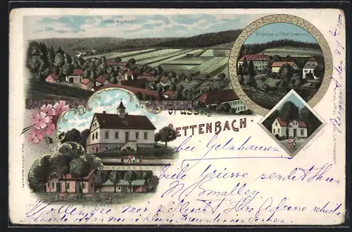 Lithographie Gettenbach, Schloss und Oberförsterei, Schule, Blockhaus