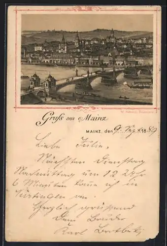 Lithographie Mainz, Totalansicht mit Brücke