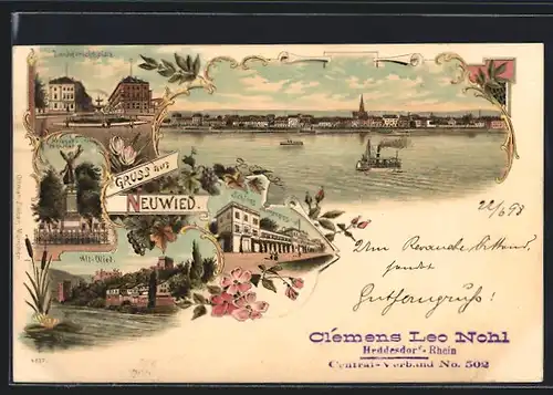 Lithographie Neuwied, Schloss Monrepos, Landgerichtsplatz, Krieger-Denkmal