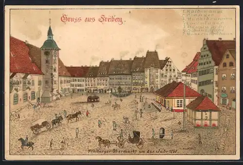 Künstler-AK Freiberg, Ansicht vom Obermarkt um das Jahr 1790