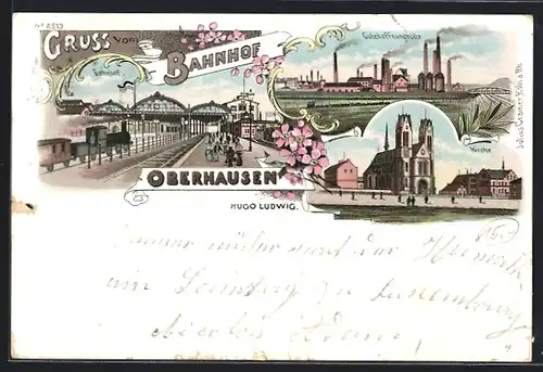 Lithographie Oberhausen, Gutehoffnungshütte, Kirche, Bahnhof