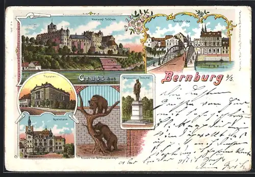 Lithographie Bernburg a. S., Theater, Kreishaus, Saalebrücke