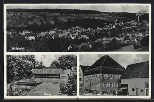 AK Billigheim, Gesamtansicht aus der Vogelschau, Brücke, Gasthaus zum goldenen Hirsch W. Walter