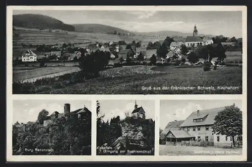 AK Kirchahorn /Fränkische Schweiz, Gasthaus von Hans Hofman, Burg Rabenstein, Klaustein Eingang zur Sophienhöhle