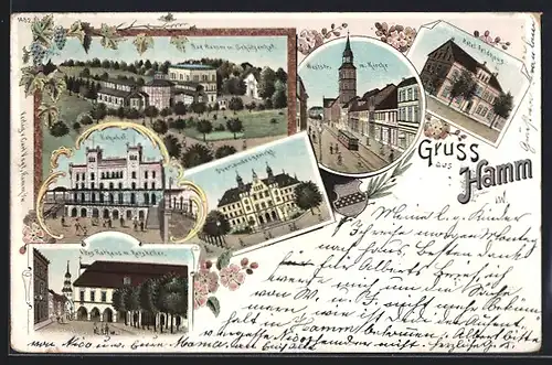 Lithographie Bad Hamm i. W., Hotel Feldhaus, Bahnhof, Weststrasse