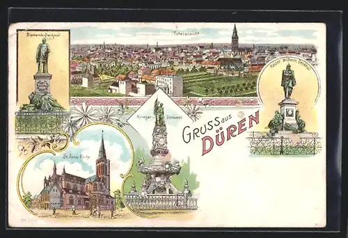 Lithographie Düren, St. Anna-Kirche, Kaiser Wilhelm-Denkmal, Bismarck-Denkmal